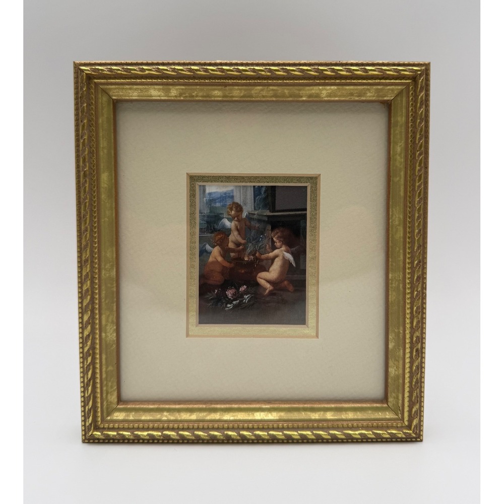 Robert-Grace Framed Cherub Art Print Gold Rope Frame Vintage Putti Decor 7x6.50